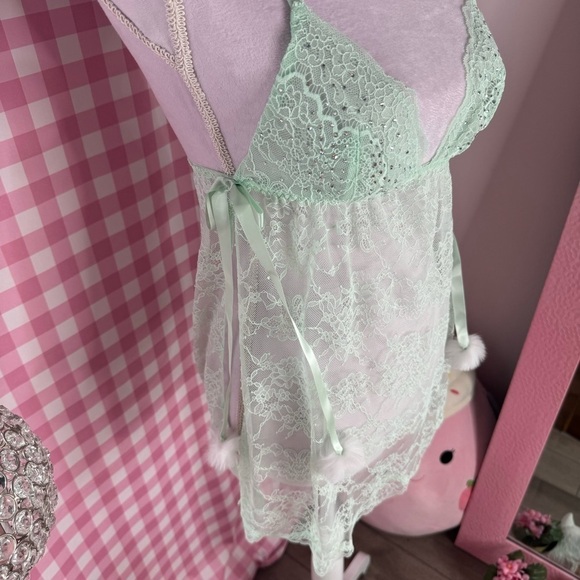 Victorias Secret Mint Green Lace Crystal Babydoll Lingerie Set🪽🎀 - Picture 7 of 8